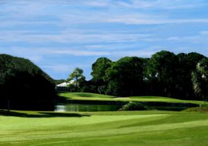 Scenic view of TPC Prestancia golf course in Sarasota, Florida, featuring fairways, water, and lush trees.