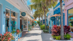 Colorful boutiques and palm-lined streets in Siesta Key Village, offering shopping, cafés, and coastal charm.