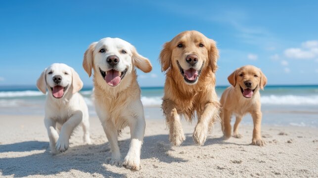 Four happy dogs running together on a sandy beach on a sunny day, perfect for a dog-friendly vacation in Siesta Key, Florida.