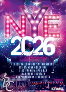 Promotional poster for the Beach Club Siesta Key New Year’s Eve 2026 celebration, featuring a disco-themed design, cash balloon drop at midnight, open bar options, champagne fountain, live music, and event details for December 31.