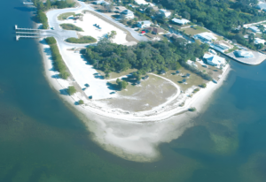 Aerial view of Indian Mound Park at Paulsen Point in Englewood, Florida, surrounded by the waters of Lemon Bay.