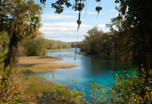 Scenic waterway surrounded by lush trees and native vegetation at Oscar Scherer State Park near Sarasota, Florida.