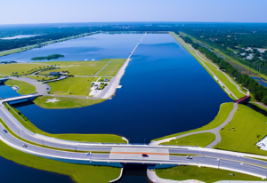 Aerial view of Nathan Benderson Park in Sarasota, Florida, featuring the large lake, walking trails, and surrounding green spaces.