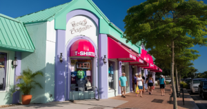 Visitors shopping along colorful storefronts and boutiques in Siesta Key Village, Florida.